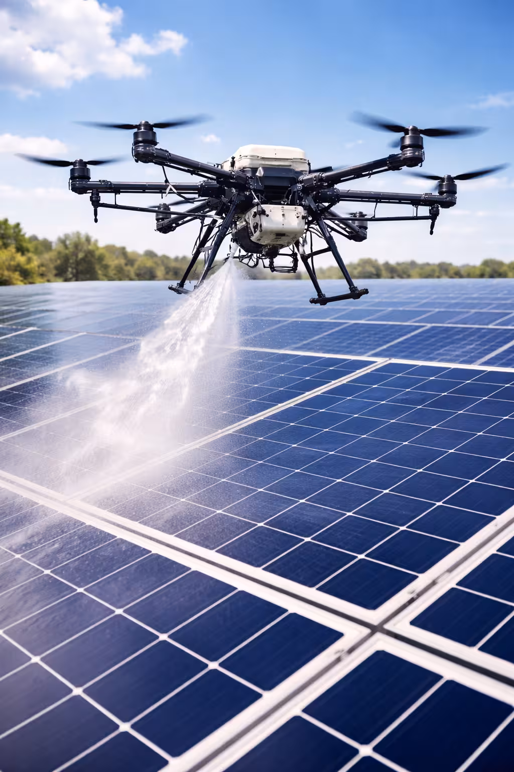 Działający dron nad panelami fotowoltaicznymi