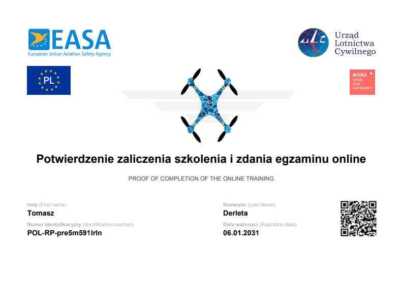 Certyfikat potwierdzający umiejętności obsługi drona wystawiony dla Tomasza Derlety