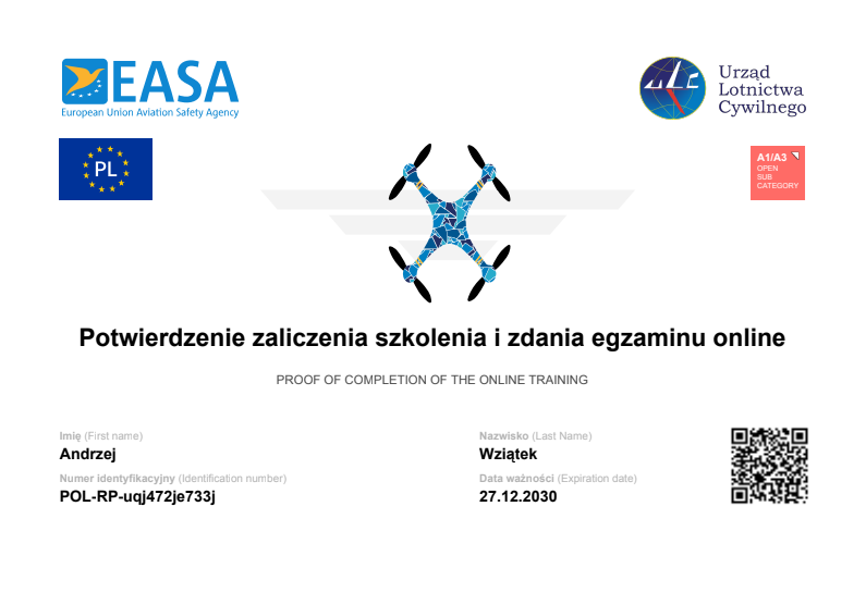 Certyfikat potwierdzający umiejętności obsługi drona wystawiony dla Andrzeja Wziątka