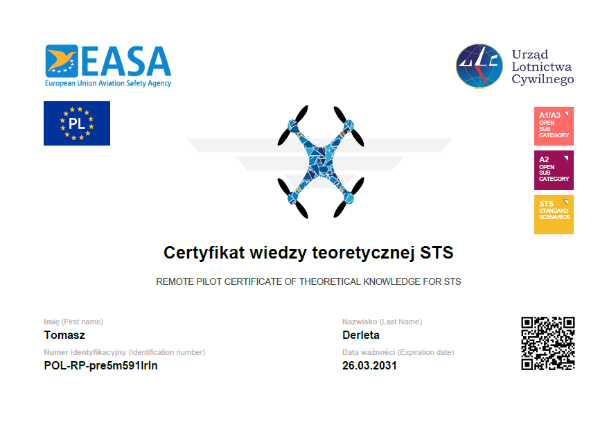 Certyfikat wiedzy teoretycznej o dronach właścicielstwa Tomasza Derlety