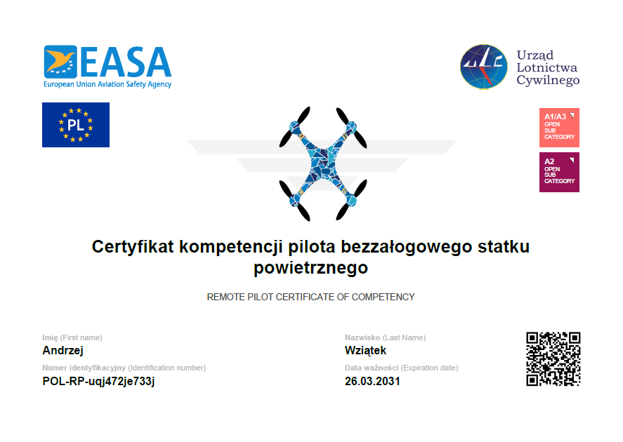 Certyfikat potwierdzenia kompetencji latania dronem Andrzeja Wziątka