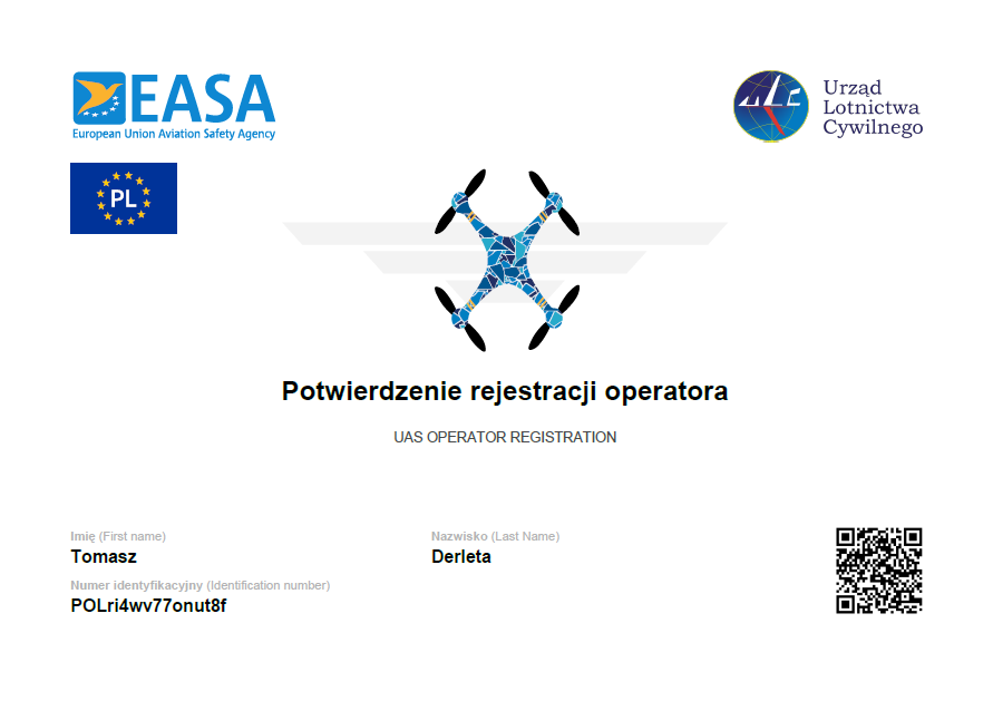 potwierdzenie rejestracji drona Tomka Derlety